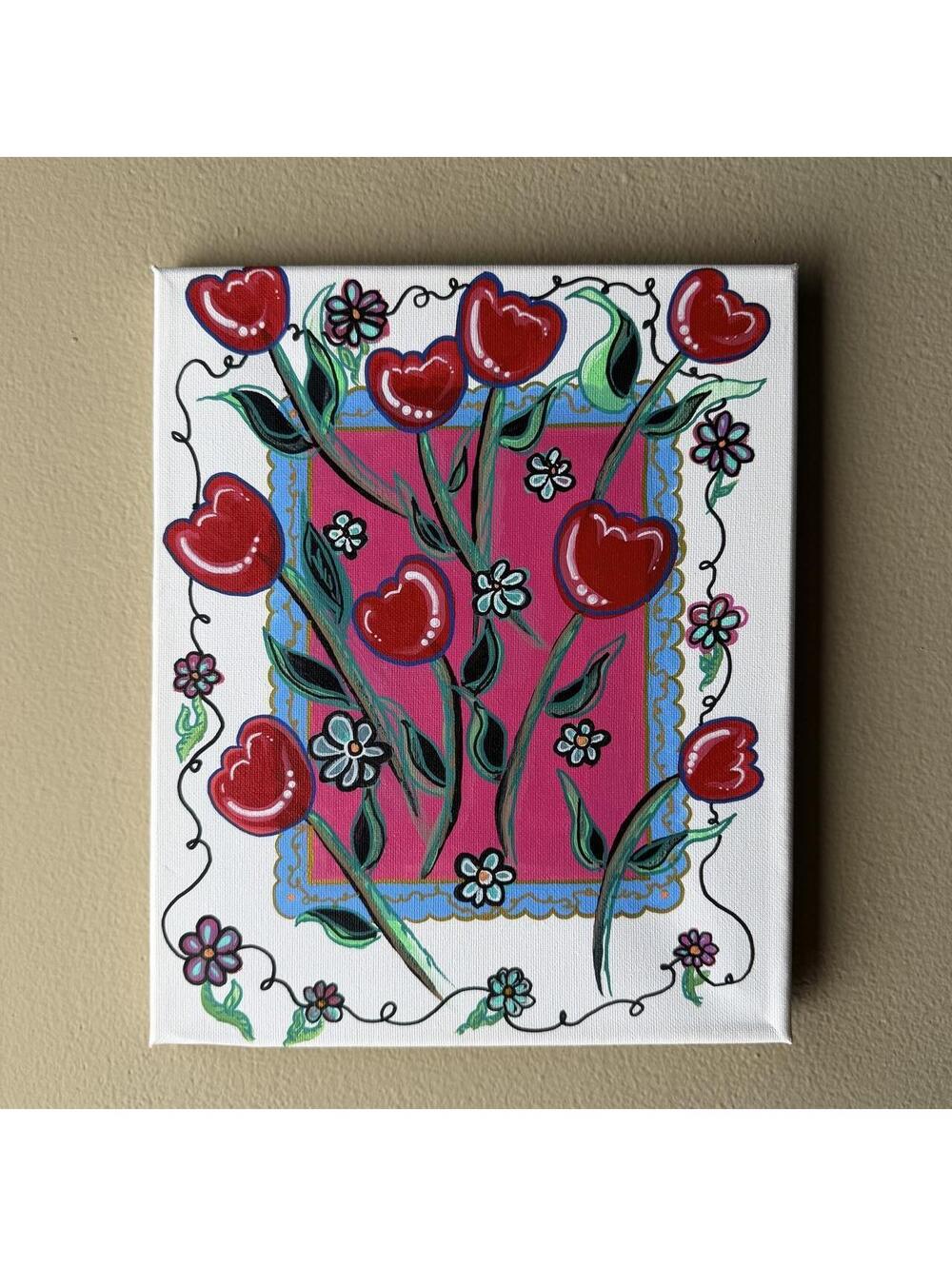 Original Hand-Painted Folk Art Floral Canvas 🌷💗